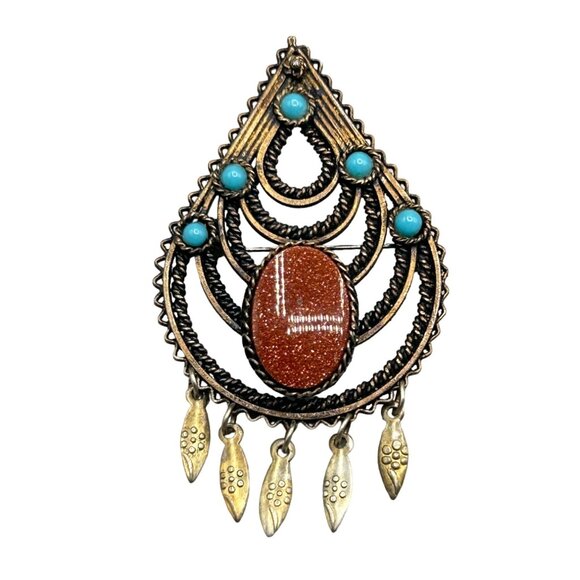 Vintage Silver 800 Pin Brooch Pendant Goldstone and Blue Ballotini Drop Shape - Picture 1 of 6